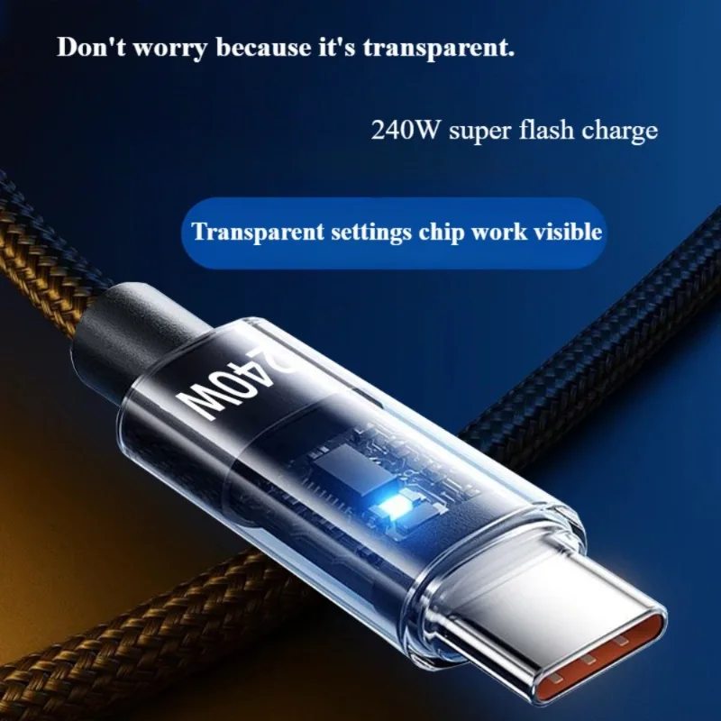 240W USB Type C fast charging cable transparent + indicator light data cable 0.25m/1m/1.5m/2m data cable for Samsung Xiaomi