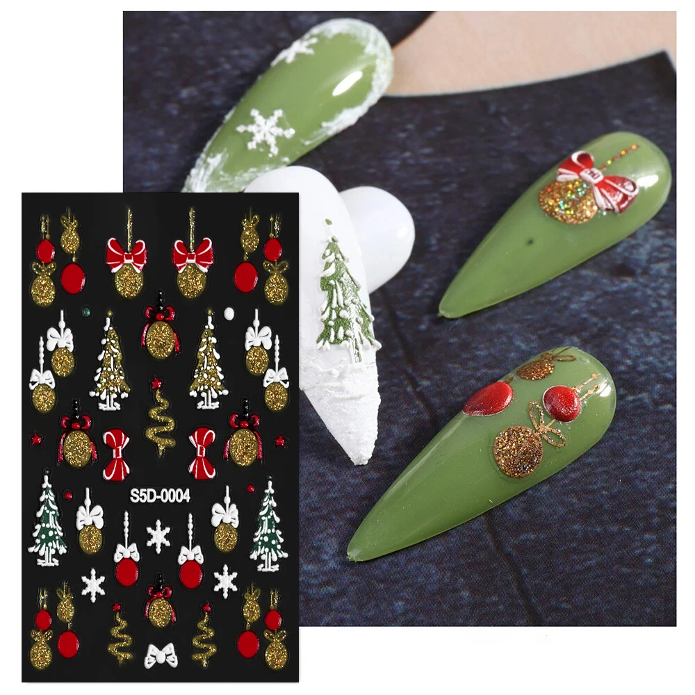 ﻿ 1 foglio 5D adesivi per unghie natalizi laser oro riflessione glitter fiocchi di neve fiocchi di Babbo Natale fiocchi campanelle regalo calzini decalcomanie per unghie