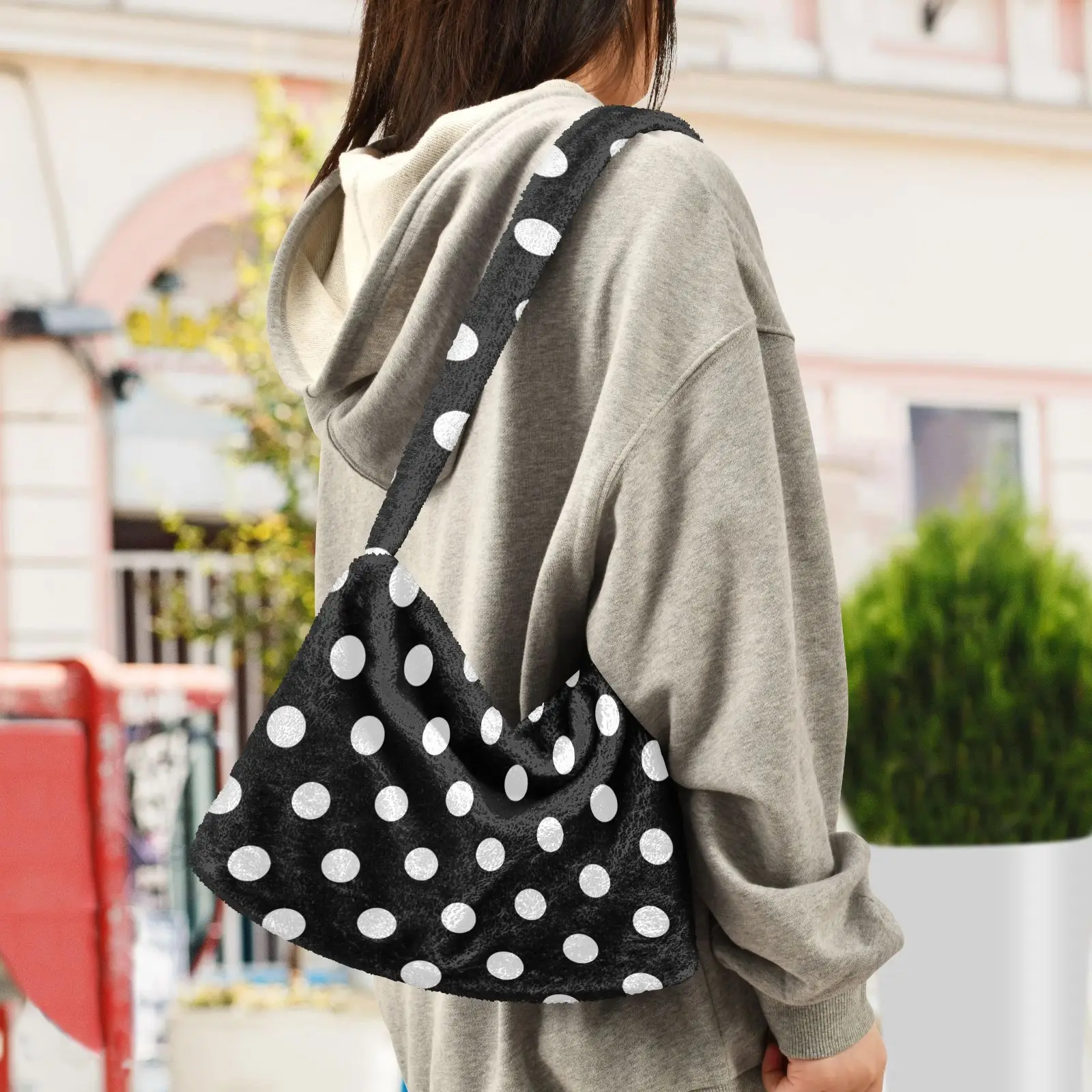 Women Plush Underarm Bags Mini Black and white dot Zipper Plush Pattern Shoulder Bags For Lady Simple Portable Daily Handbags