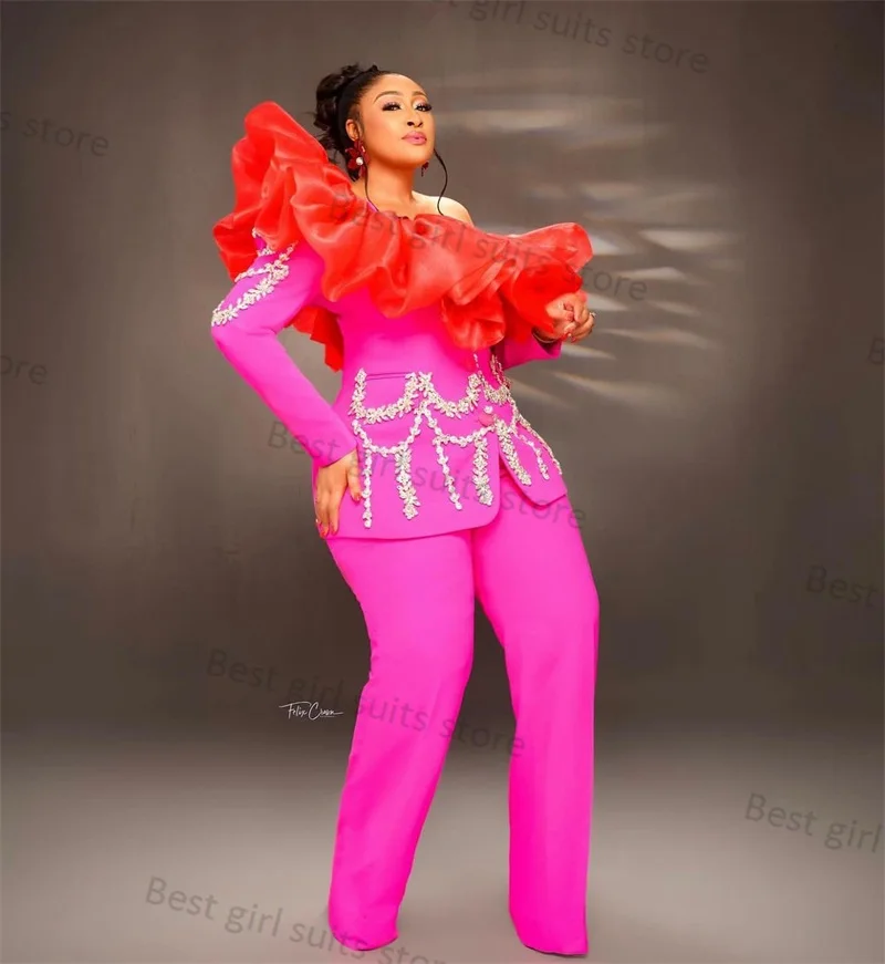 

Pink Red Crystal Wedding Women Pants Suit Set 2 Piece Blazer+Trousers Prom Tuxedos Formal Pageant Jacket Coat Trousers Tailored