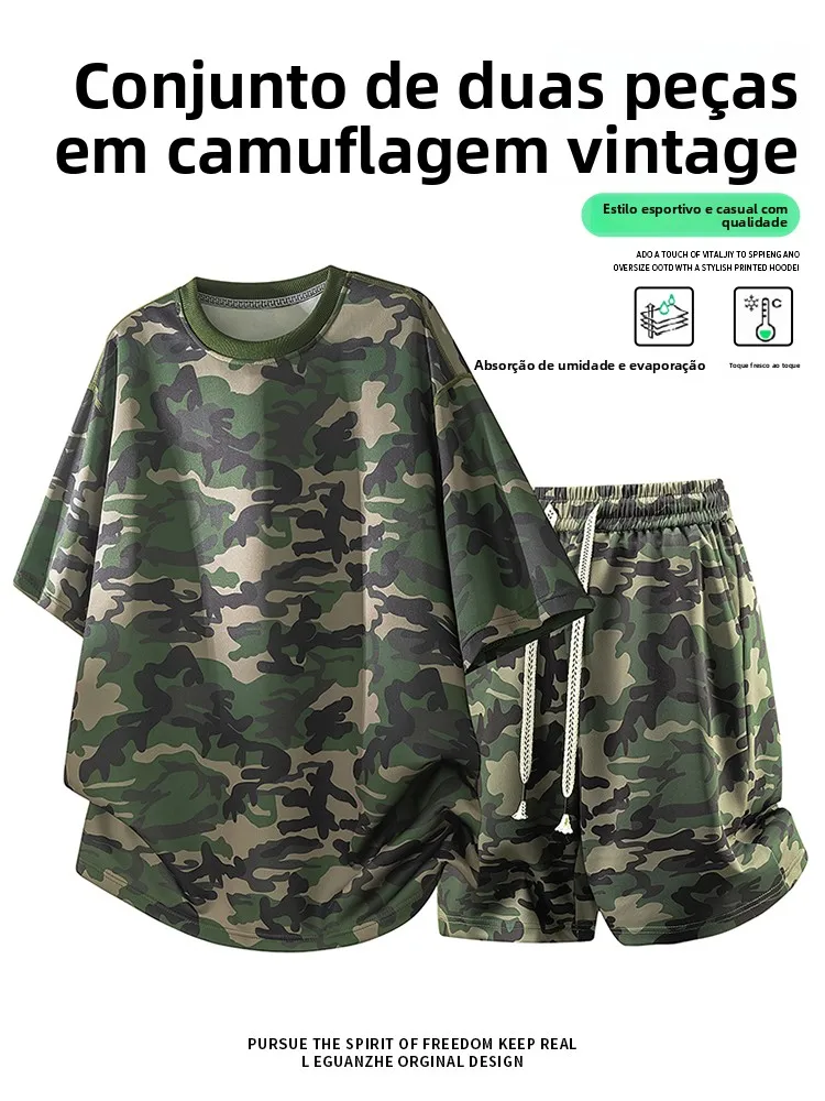 Conjunto Masculino de Verão 2026 Novo Estilo Americano Camuflado: Camiseta Esportiva Casual de Manga Curta e Shorts em Seda G...