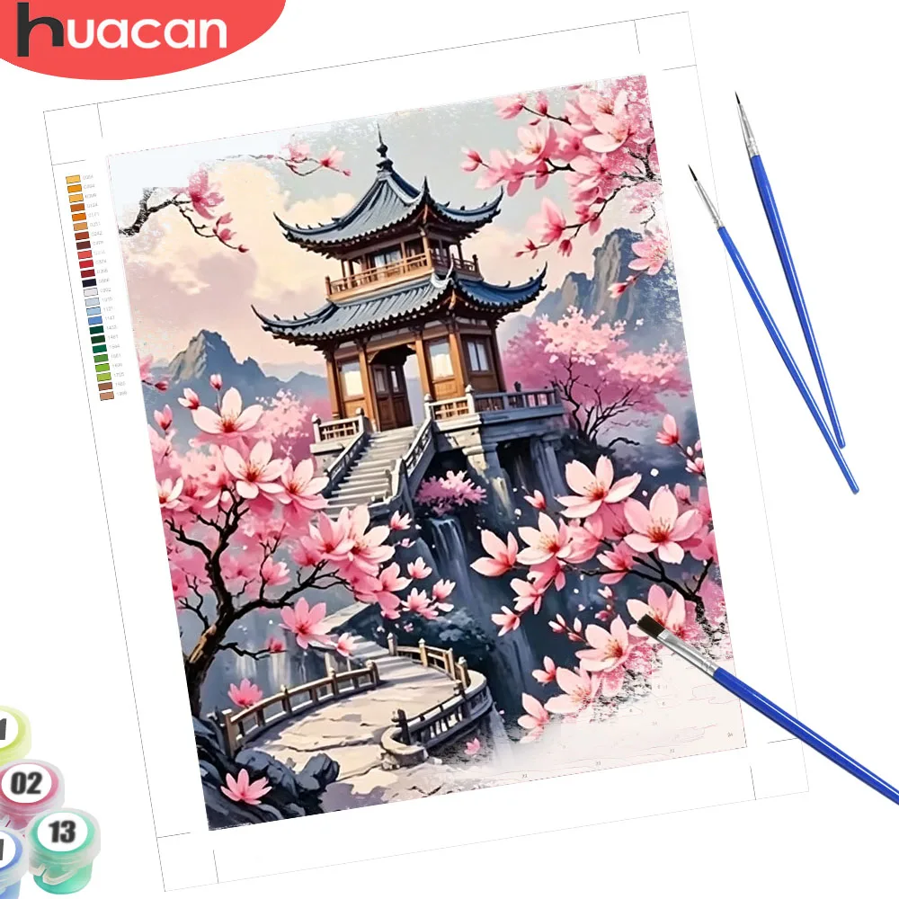 

HUACAN Abstract Painting By Numbers Kits House Building Landscape Drawing Canvas Oil Painting Cherry Blossom Nature City Diy