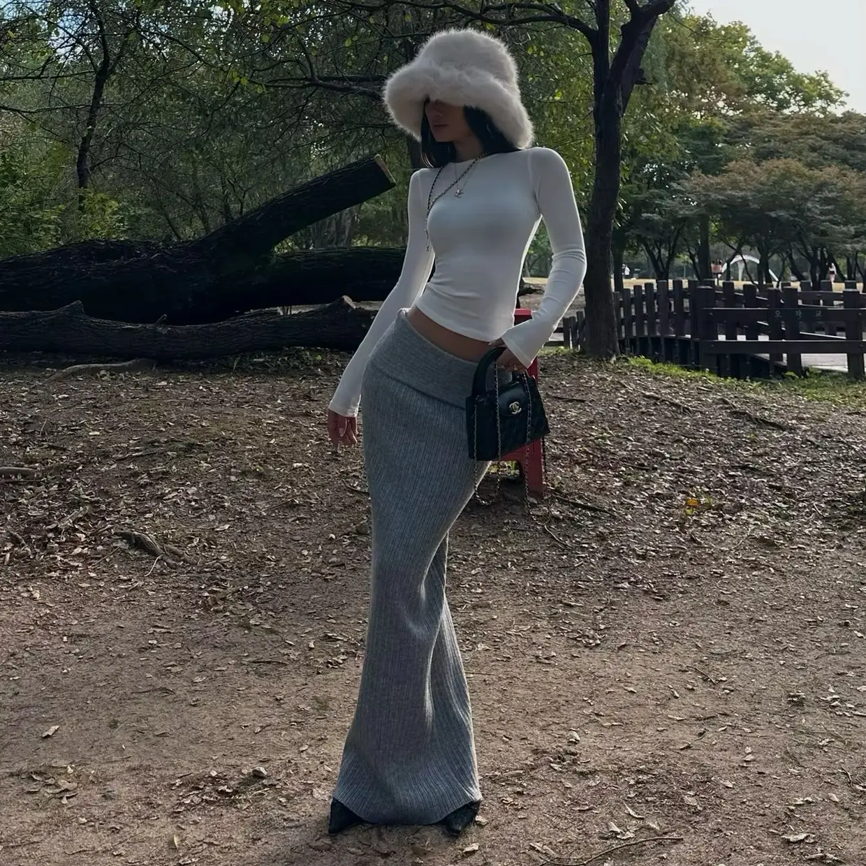 여성용 하이 웨이스트 롱 풀 폴드 니트 맥시 스커트