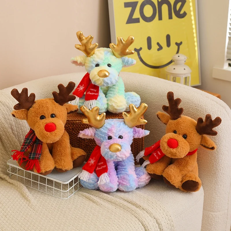 30cm Lovely Reindeer Plush Toys Kawaii Christmas Deer with Scarf Dolls Stuffed Soft Pillow for Christmas Decoration Gift