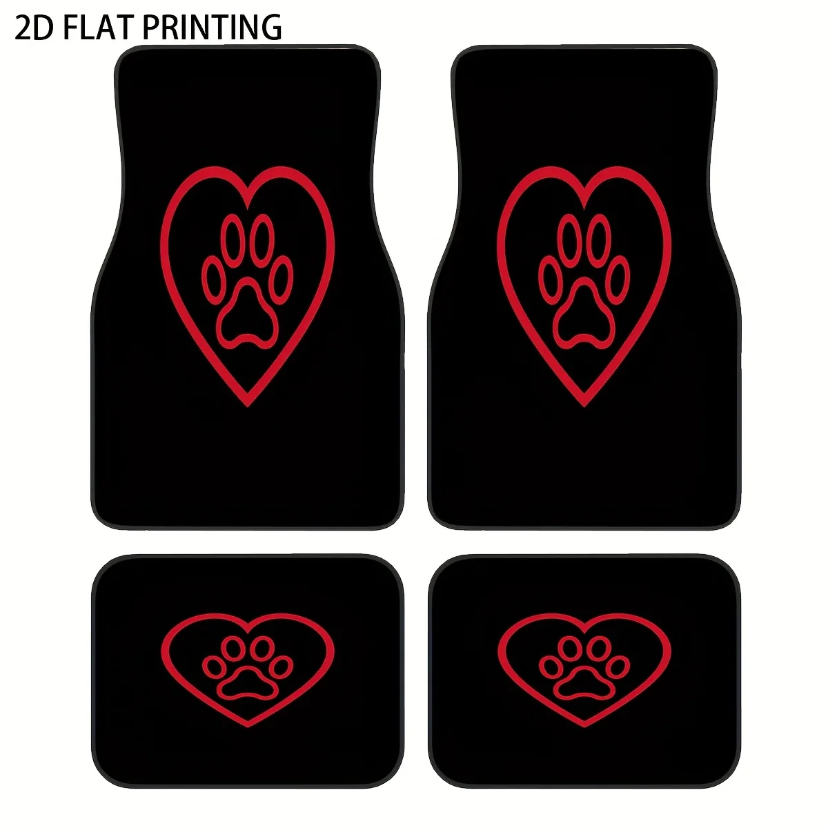 

4pcs Black Background Red Paw Print Heart Pattern Car Floor Mats, Universal Polyester Material, All-Season Vehicle Interior Prot