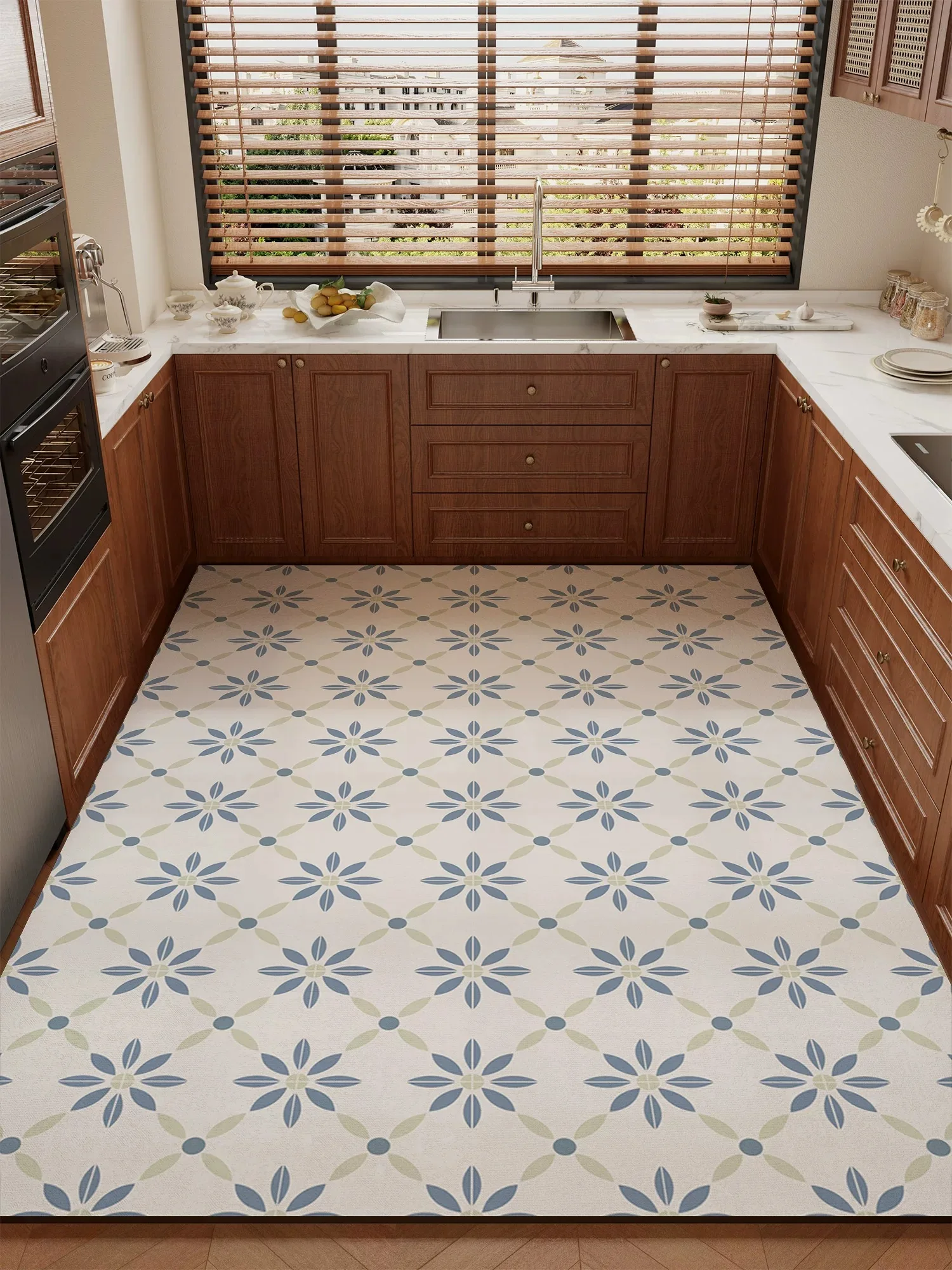 Anti-slip Floor Mat for Kitchen Waterproof Oil-proof Wipeable Rugs PVC Leather Washable Mat Home Decorate Balcony Rug Pet Carpet