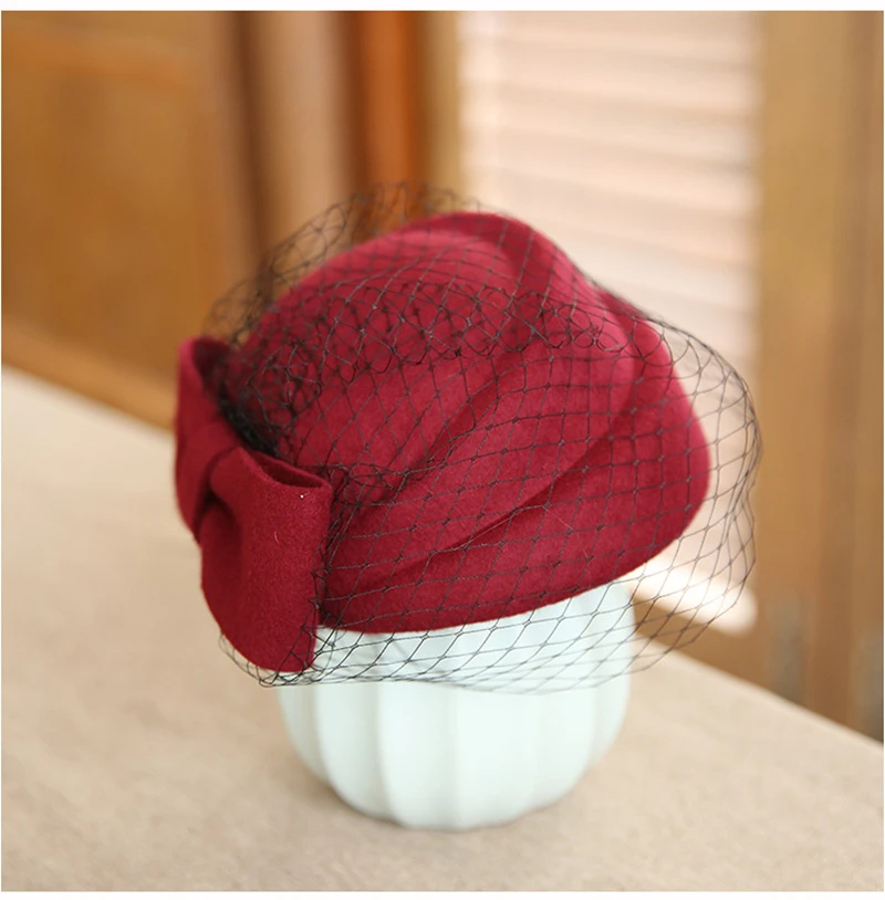 100% Wool Fascinator Hat with Veil,Women Cashmere Cap Celebrities Style Cap for Autumn Winter,Photography Wedding Party Headwear