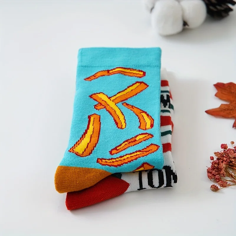 Lustige Socken mit Tomaten-Ketchup- und Pommes-Frites-Motiv, Baumwollsocken im AB-Stil, mittelhohe Socken mit Lebensmittelmotiven, kreative, abstrakte, originelle Paar-Socken. – Detail 6