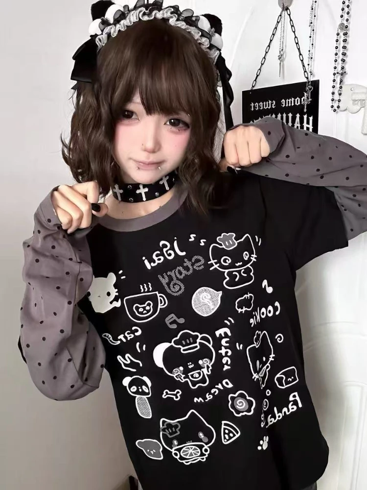 

HOUZHOU Y2k Black Kawaii Juminocore Women Fake Two Piece T-Shirts Cute Polka Dot Long Sleeve Japanese Style Tees Casual Oversize