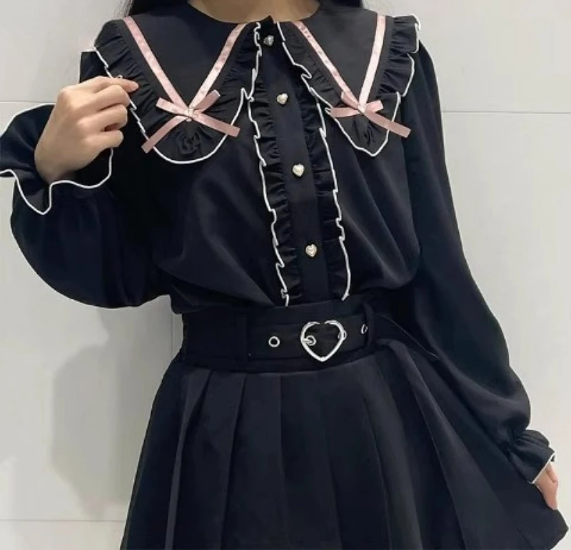 Kemeja Lucu Ruffles Pita Kerah Angkatan Laut Elegan Lengan Panjang Jepang Baru 2025 Atasan Hitam Longgar Serbaguna Pengurang Usia Anak Perempuan Manis
