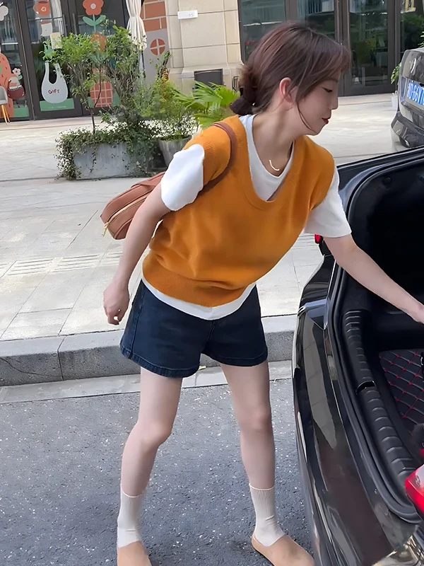 Koreańska dzianinowa kamizelka damska na wiosnę i jesień, nowy, unikalny design, piękny top do warstwowania, modny.