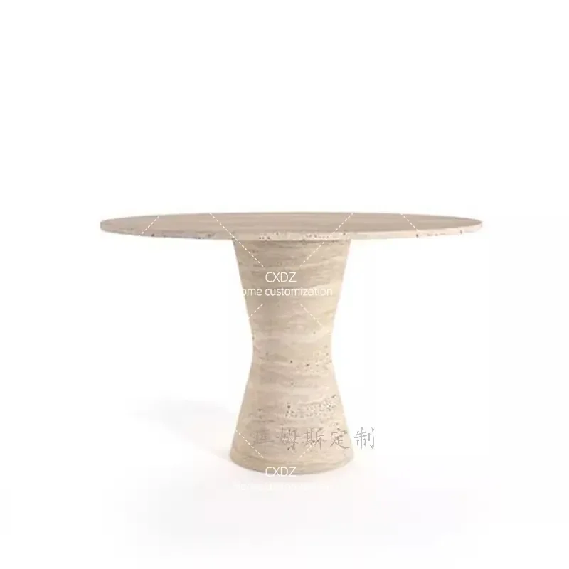 Natural Travertine Dining Table Round Minimalist Style for Villa Hotel Simple Model Room Furniture
