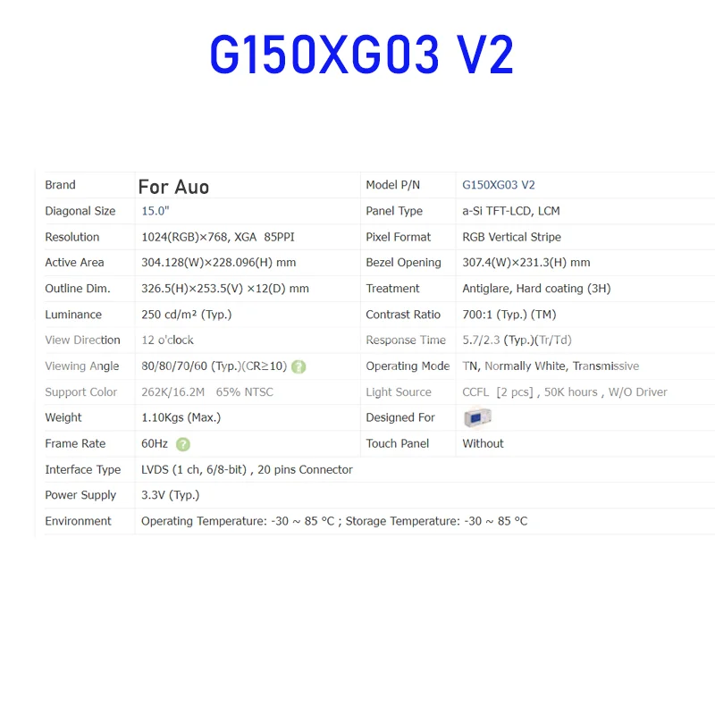 Panel de pantalla LCD G150XG03 V2, 15,0 pulgadas, 1024x768, TFT, Original, para Auo, 20 pines, Industrial, nuevo