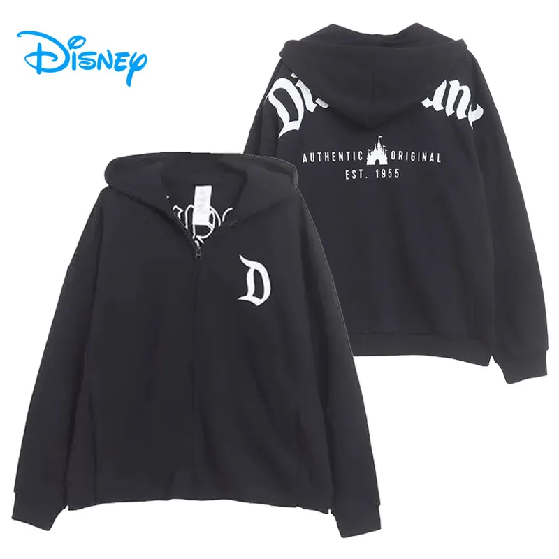 Disney Embroidery Hooded Sweatshirt Women Zip Up Hoodies Fleece Jacket Disneyland Letter Casual Jumper Tops Unisex Couple Black