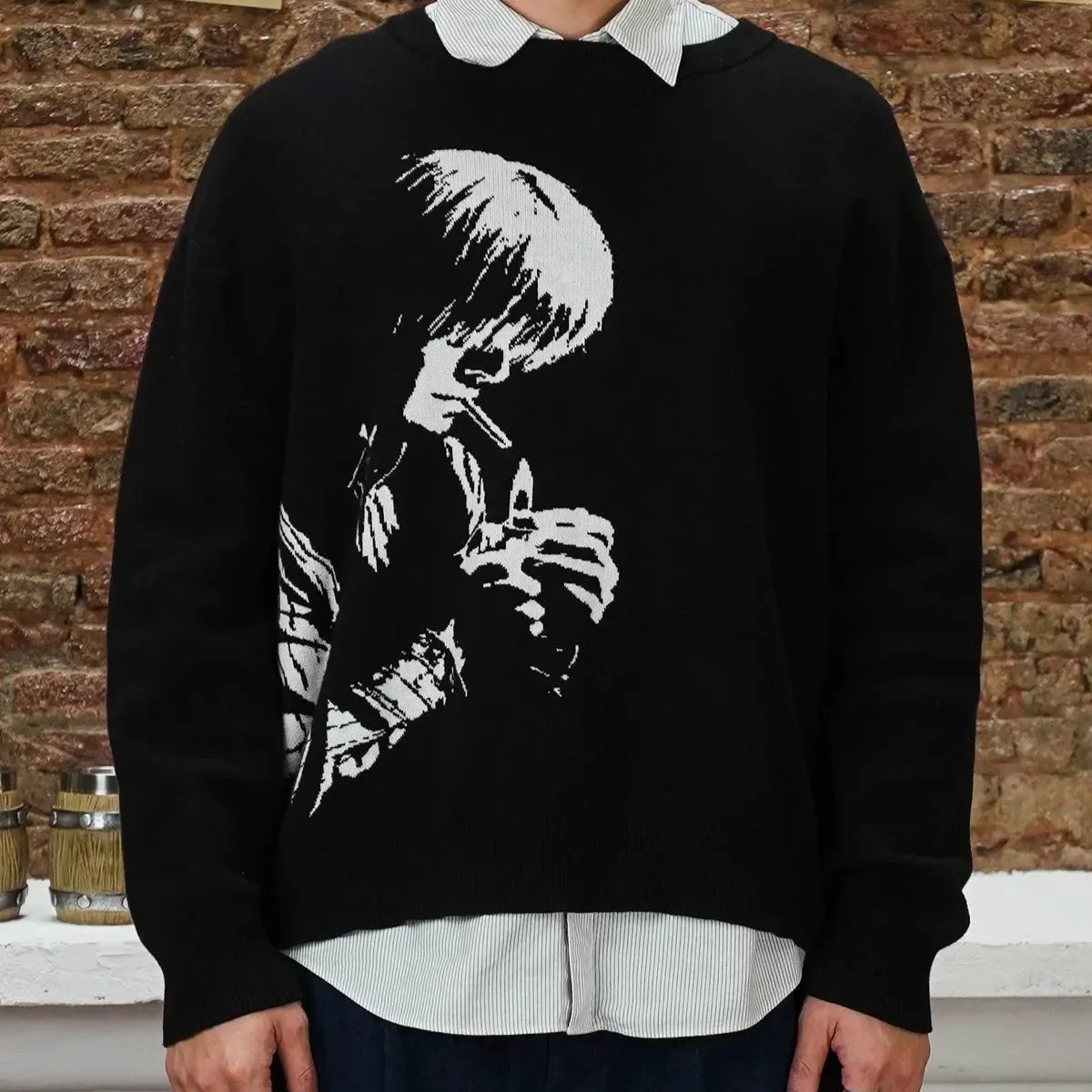 

American Lazy Vintage INS Loose Sweater Autumn Commuter Casual Long Sleeve Knitwear Trend Portrait Jacquard Round Neck Pullover