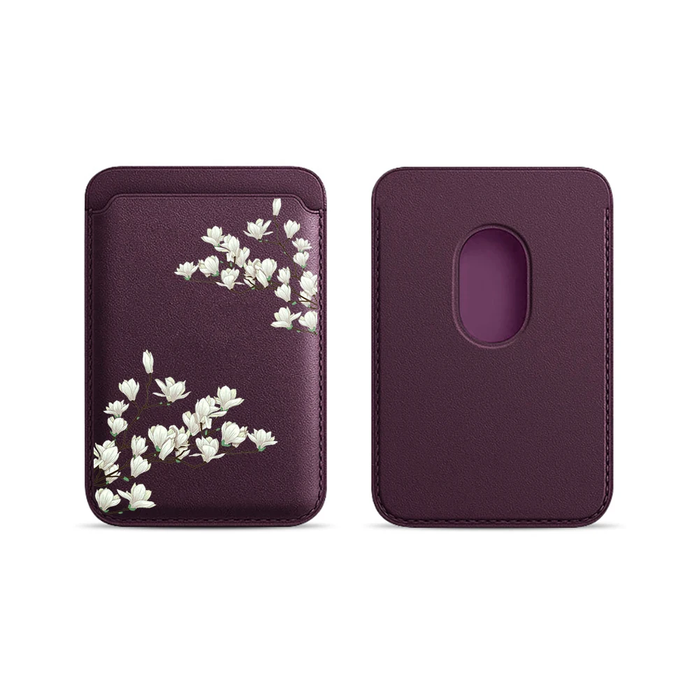 Magnolia Leder-Kartenetui Handyhülle Magnetische Hülle Geeignet für alle iPhone Magsafe Karten Blumen Handy-Rückentasche – Detail 12