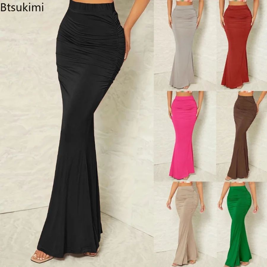 

Women's Solid Slim Bodycon Ruched Long Skirt Lady Sexy Elastic Elegant High Waist Mermaid Maxi Skirts Summer Causal Streetwear