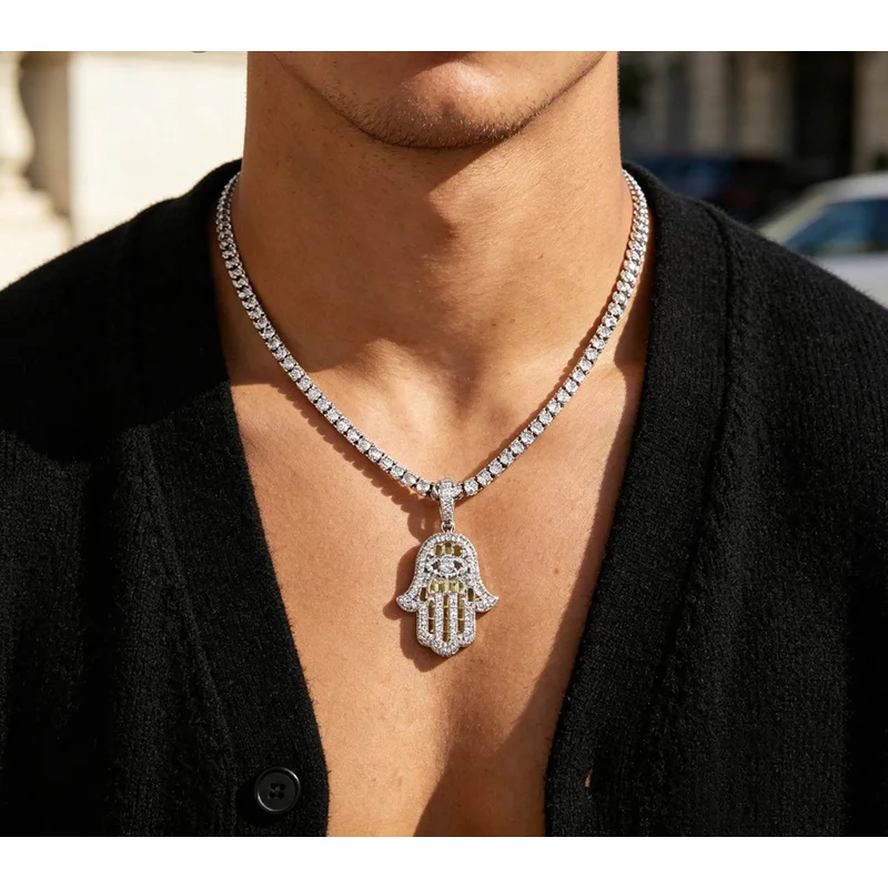 Minimalist Unisex Hand Shaped Zircon Pendant Necklace Set for Men Hip Hop Style Small Batch Available Now Trendy Fashion Jewelry