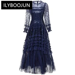 ILYBOOJUN Designer Spring Autumn Mesh Maxi Dress Women O-Neck Lantern Sleeve Sequins Ruffle Vintage Party Ball Gown Dress