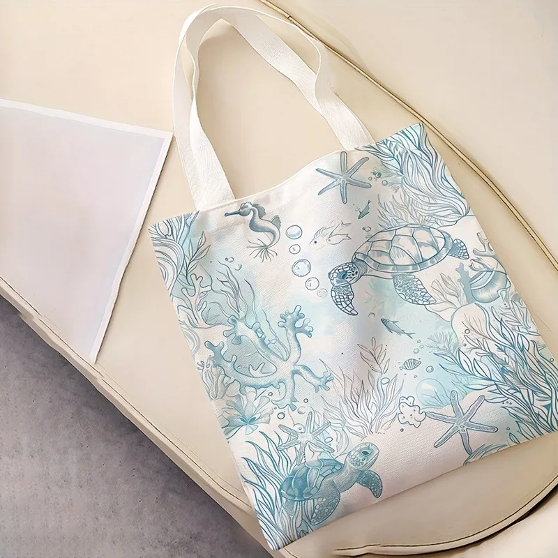 Blue Seabed Printed Large Capacity Handbag Foldable Shoulder Backpack Suitable for Travel Daily Commuting Light Shopping Bag