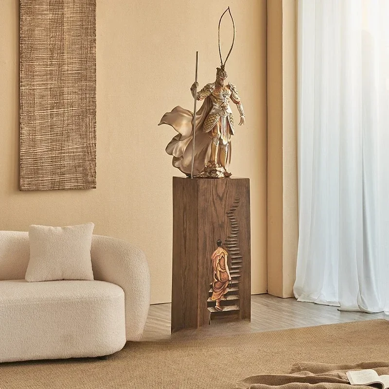 Wabi-sandy wind hand-painted weathered solid wood panel painting, retro nostalgic floor ornament, base decorative display column