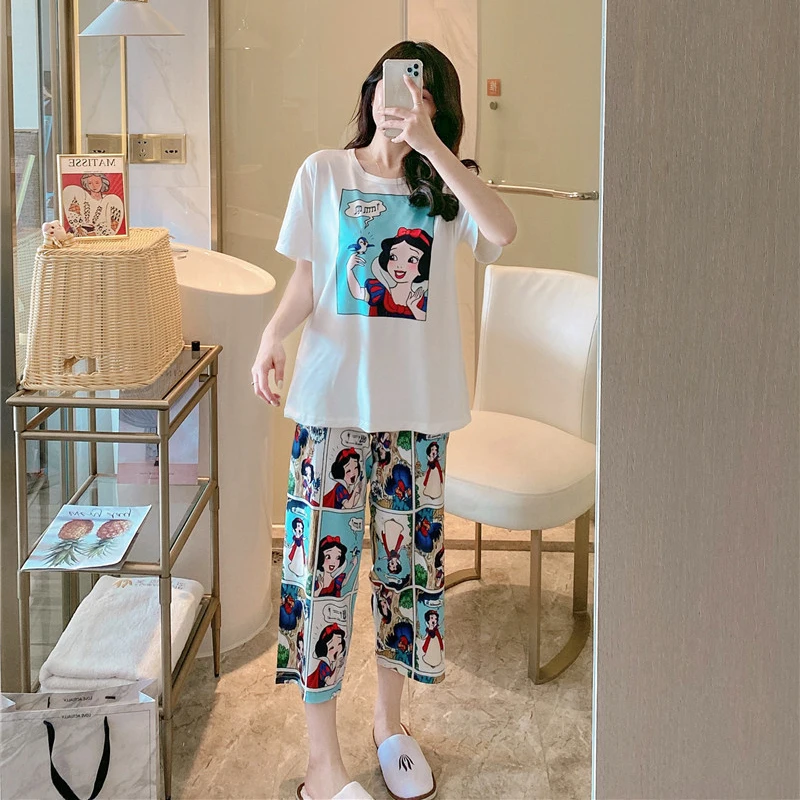 Disney Cartoon Mickey Winnie Snow White Pajamas Ladies Summer Short Sleeves Cute Pants Thin Girls Loose Homewear Pajamas Set