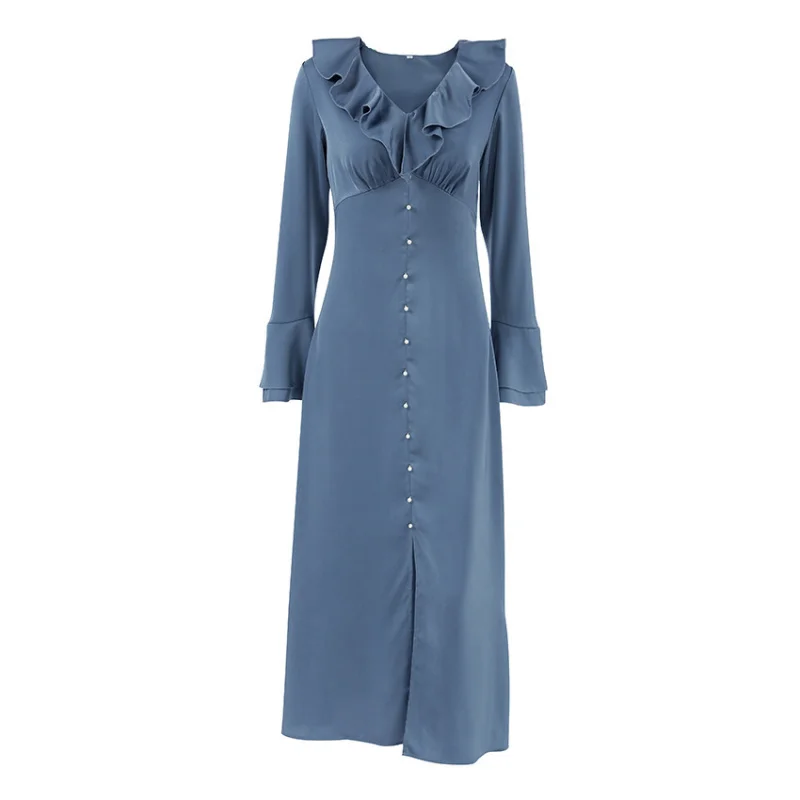 Robe à volants en Satin d'imitation d'acétate de style français, taille haute, avec manches et col cloche, nouveau Style de mode d'automne