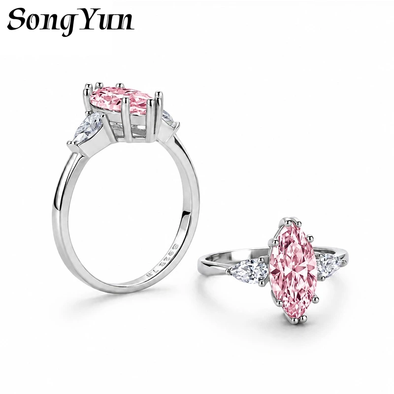SONGYUN Moissanite Diamond Jewelry Women S925 Sterling Silver Ring with Colorful Marquise Three-Stone Full Moissanite