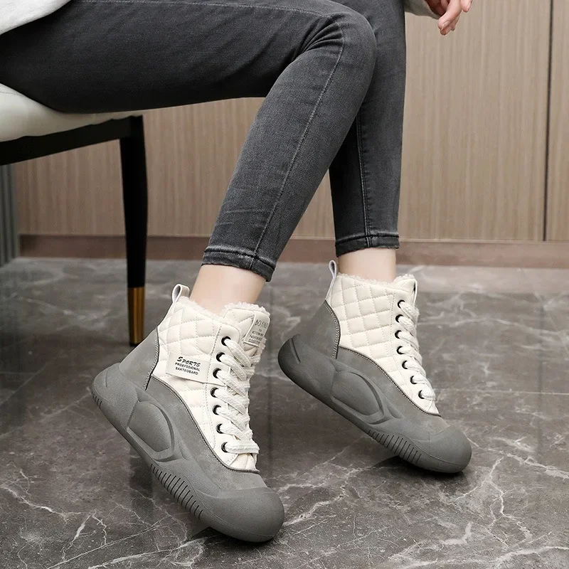 2024New Women Ankle Boots Non-slip Snow Boots Plush Cotton Shoes Winter High Top Boots Round Toe Vulcanized Shoe Thick Sole Boot