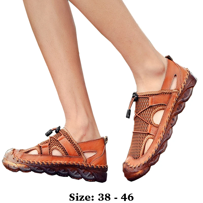 

High quality leather flat sandals for men round toes new summer 2025 size 38 46 casual outdoor walking big size shoe black brown