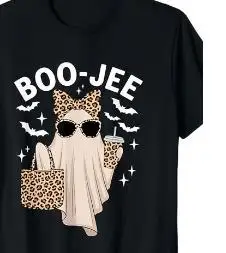 2026 New Women Halloween Tee Boo-Jee Leopard Ghost Print Crew Neck Loose Short Sleeve Top Festival Holiday Fashion Clothes