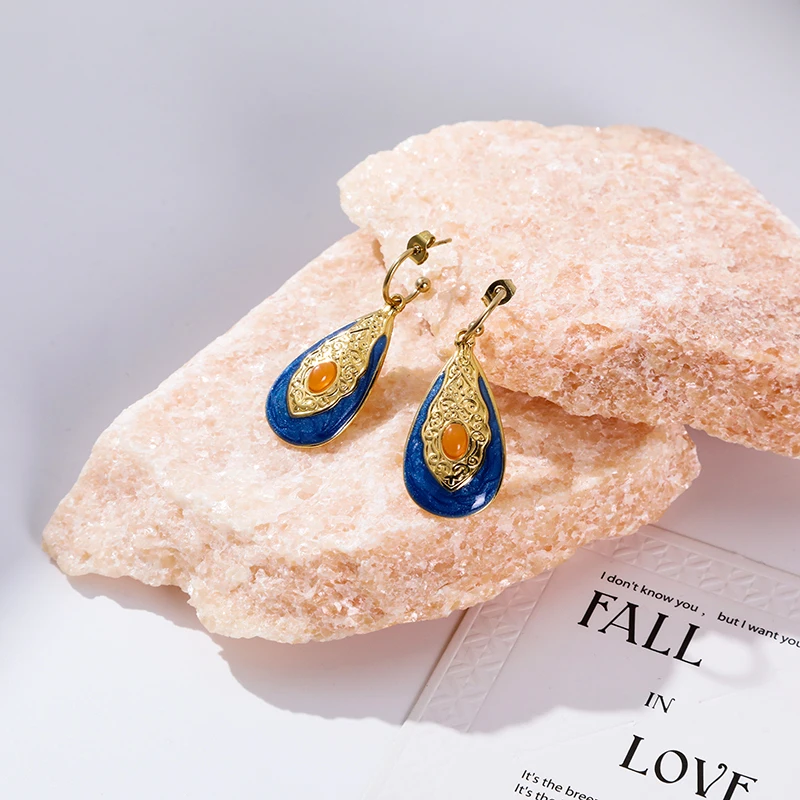Stainless Steel Drip Oil Contrasting Flower Earrings Accessories Colored Enamel Leaves Long Pendant High-end Feeling Ear Studs