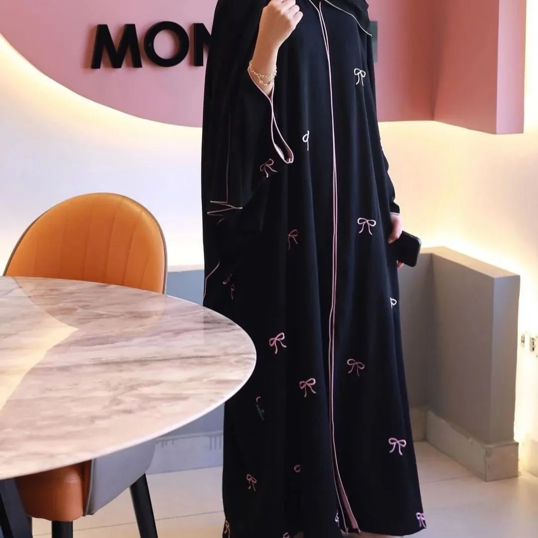 

Muslim Women's Black Abaya, Bowknot Embroidery, (No Inner, No Button), Optional Pink Panel Chiffon Scarf, Islam, Party Ramadan