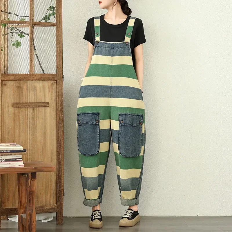 Retro listrado solto ajuste harem calças de nove peças denim orts verão wearable cintura alta jeans finos tecido waed fini jj35