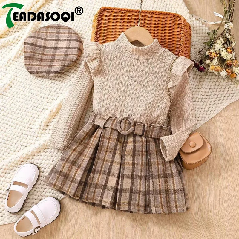 

2-7Years Baby Girls Spring Autumn Ruffle Long Sleeve Solid Tops+Plaid Pleated Skirt+Belt+Beret Four-piece Suit Kids Clothes Suit