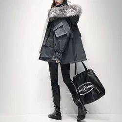 Women 2023 Winter Fashion Korean Loose Hooded Overcoats Female Big Fox Fur Collar Jackets Ladies 90% White Duck Down Hooded Coat