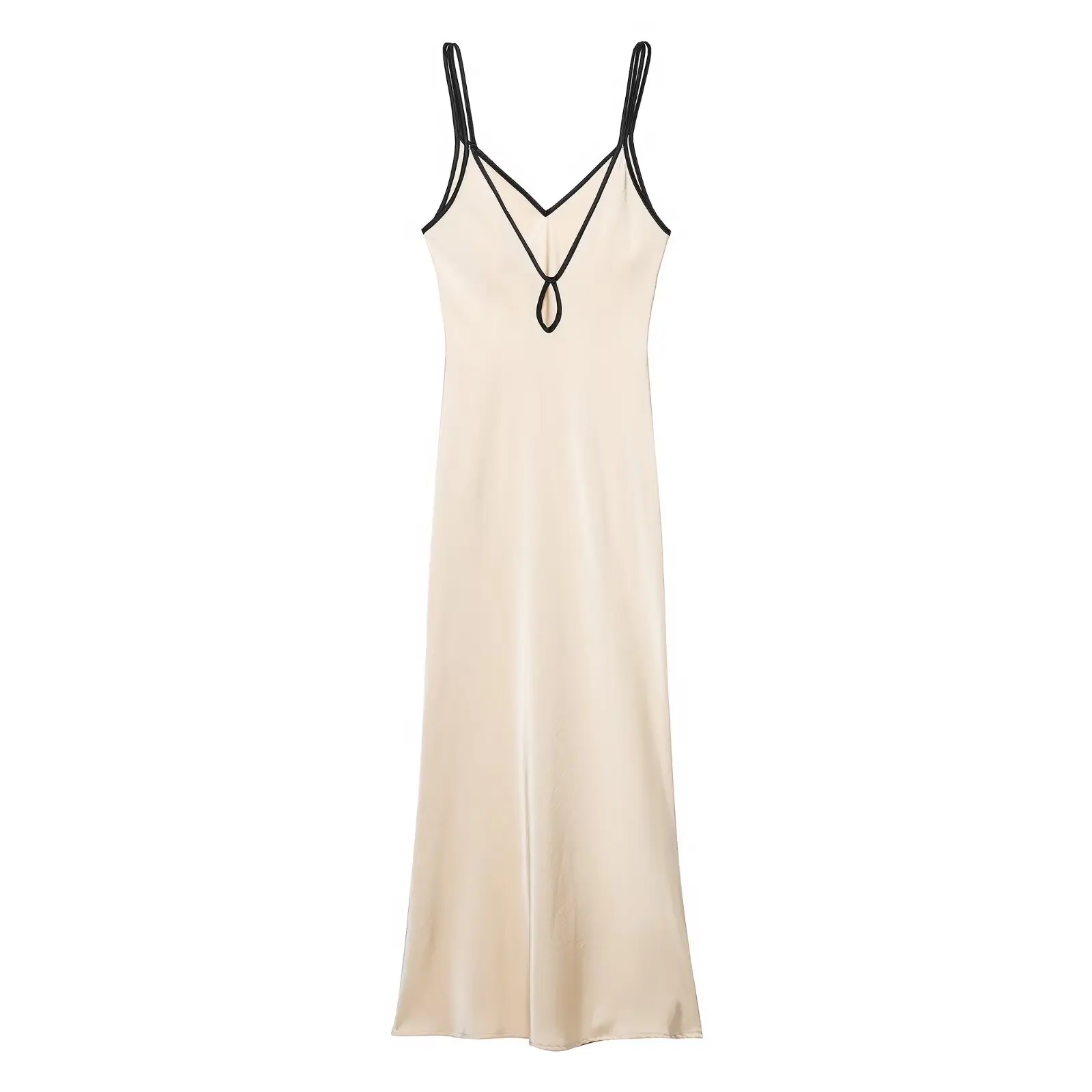 BSAY Contrast Binding Satin Midi Slip Dress Women Elegant V Neck Spaghetti Strap Silky Long Dress Evening Party Bodycon Dress