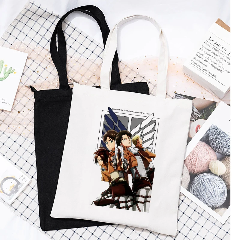 Bolso de compras reutilizable con estampado de Anime japonés para mujer, bolsa de lona de algodón, a la moda, de gran capacidad, Attack on Titan