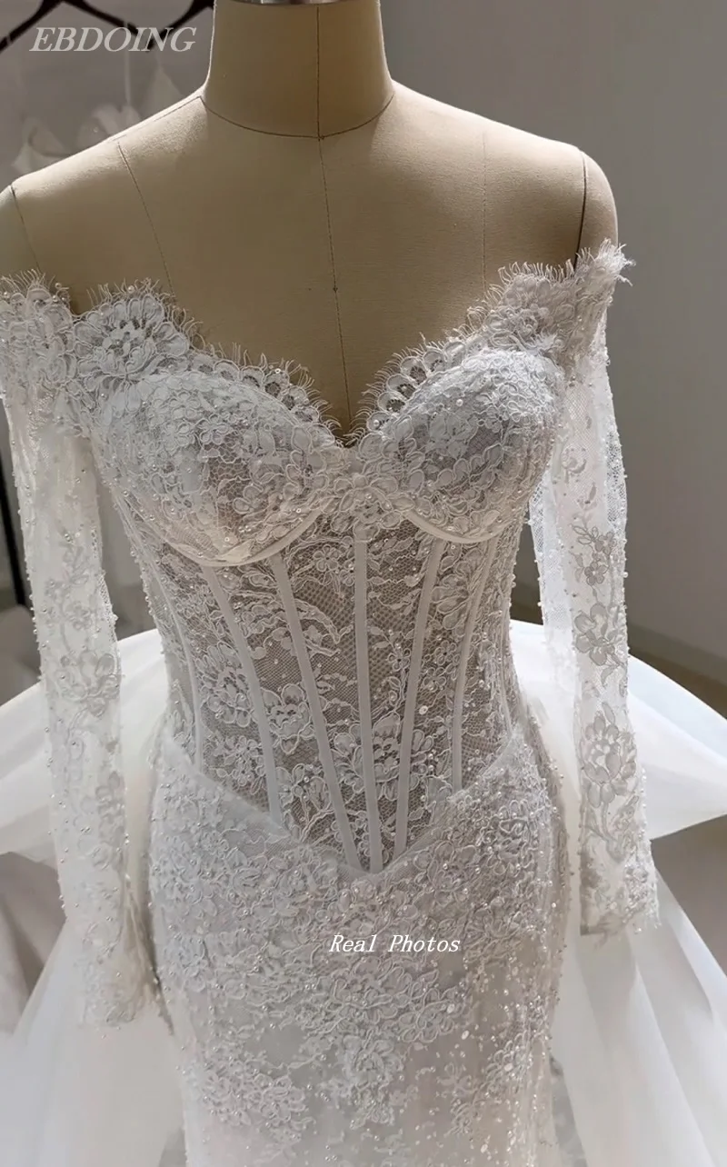 EBDOING Customized Wedding Dress Mermaid Lace  Sweetheart Neckline Basque With Detachable Train Bride Gowns