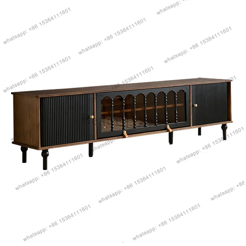 

French medieval solid wood TV cabinet retro small apartment living room black floor-to-ceiling TV cabinet