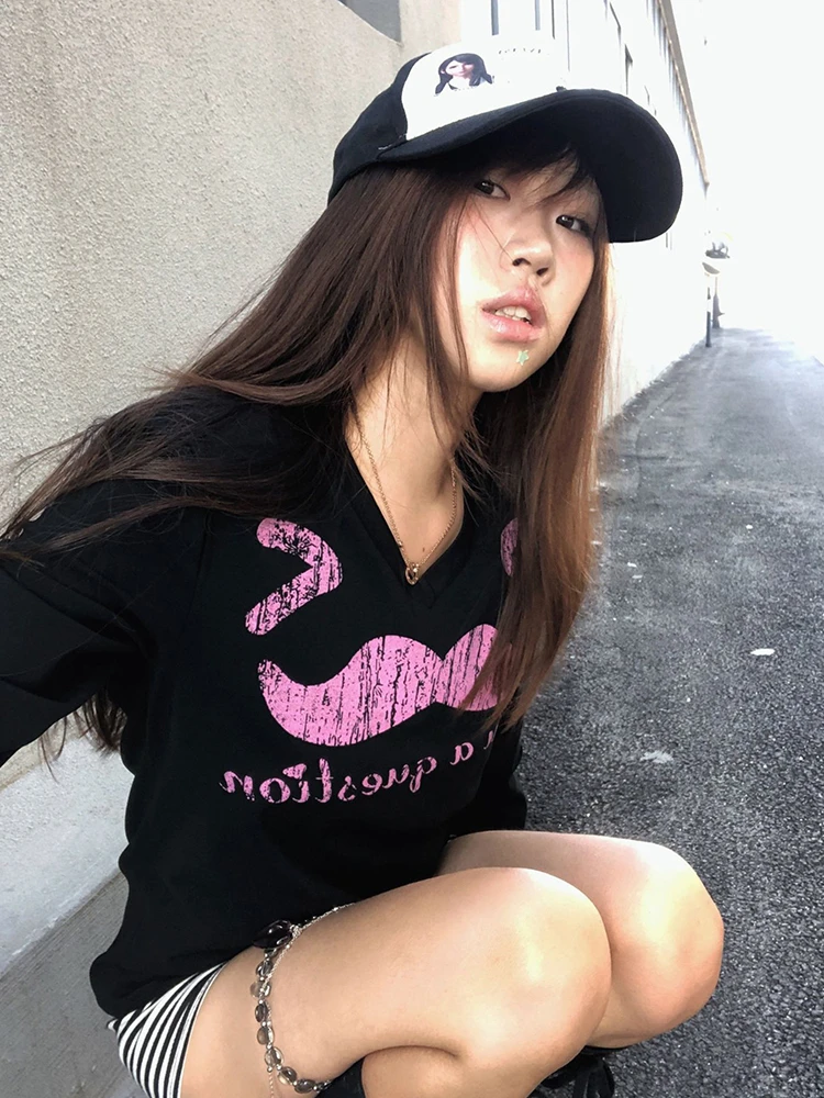 Tonngirls Aesthetic 2000s T-shirt Women Long Sleeve Print Graphic Top Streetwear Y2k Japanese Vintage Grunge Tops American Retro
