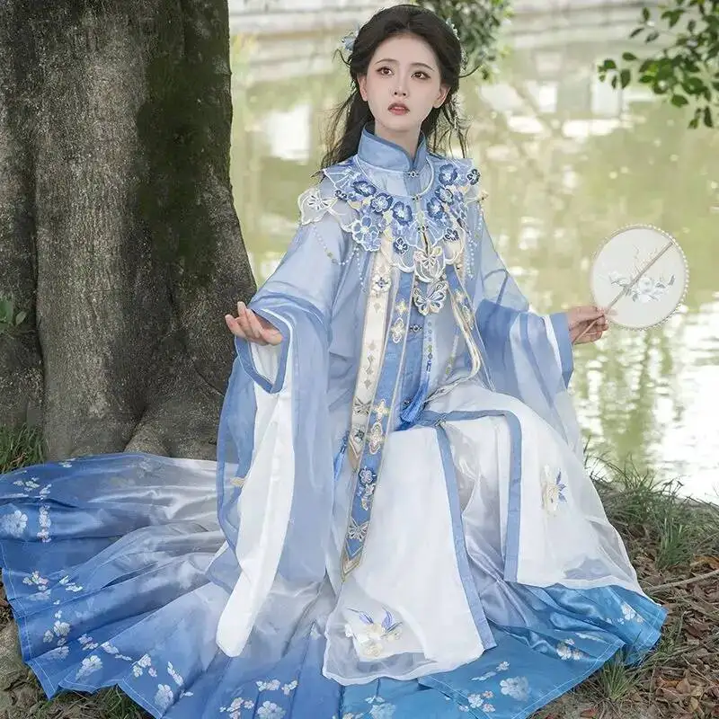 Bimonthly[Lan Jin Luo]New Hanfu Women's Ming Dynasty Style Mamian Skirt Heavy Embroidery Cloud Shoulder Stand Collar Shirt For
