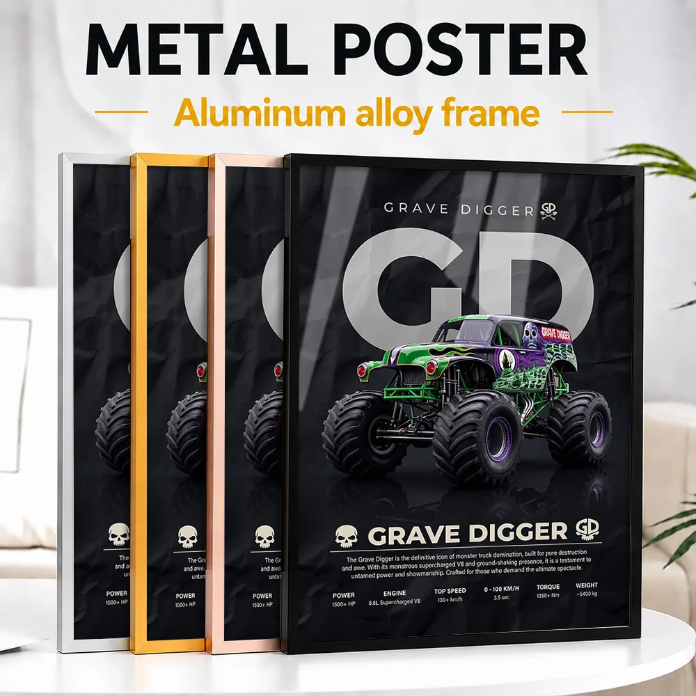Grave Digger Monster Truck Metal Poster With Aluminum Alloy Frame Customized Studio Graphic Wall Art For Car Enthusiast Lounge