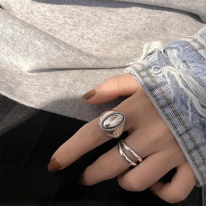 

925 Sterling Silver Adjustable Rings for Women Korean Simple Punk Round Double Lines Ring Set Statement Hip Hop Fine Jewelry