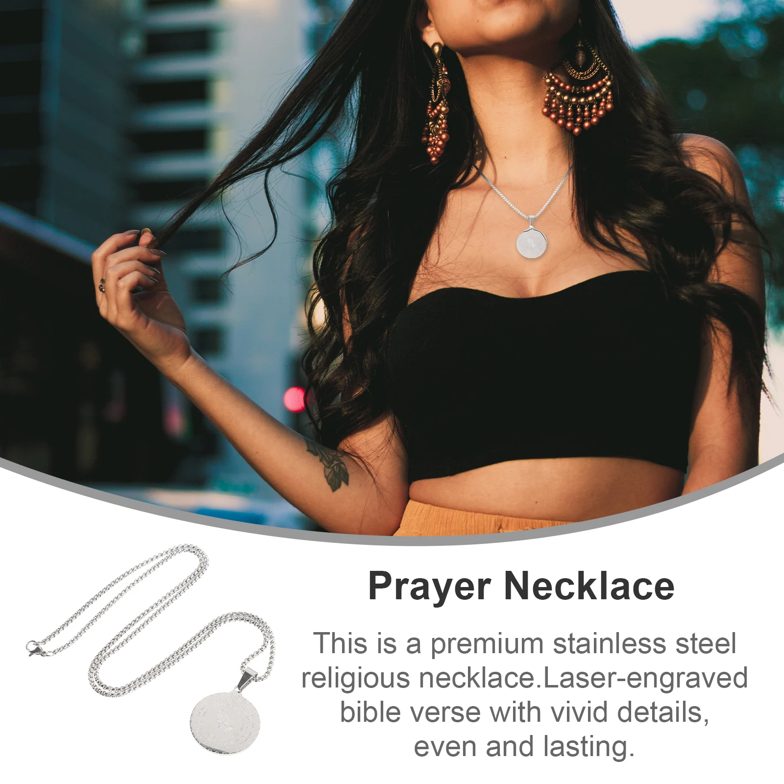 

Stainless Steel Round Pendant Necklace Religious Jewelry Engraved Bible Verse Mirror Finish Vacuum Plated Adjustable