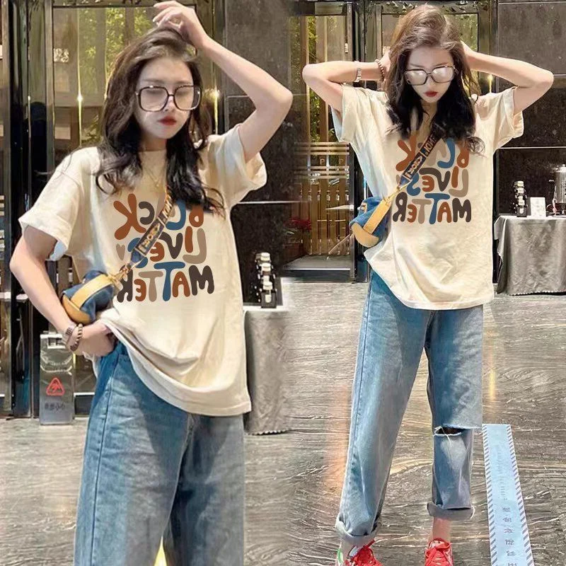 

plus Size Loose Fit Women's T-irt ort Sve Letter Print Casual Versatile f Sve Top Durable Polyester Summer Wear