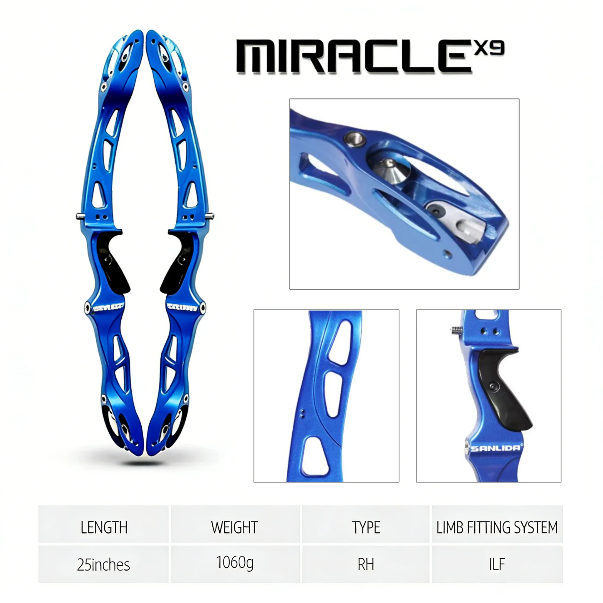 Sanlida Archery - Empuñadura para Arco Recurvo ILF Miracle X9 de 25 Pulgadas para Diestros, Tiro al Blanco, Deporte de Arquería al Aire Libre