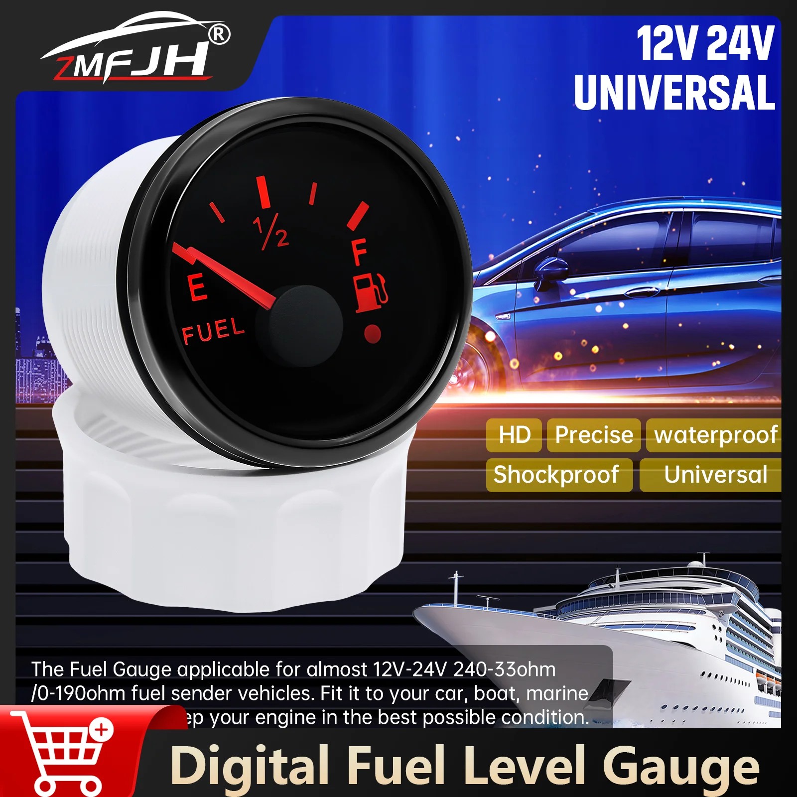

52mm Digital Fuel Level Gauge 0-190 ohm 240-33ohm Fuel Tank Indicator With Alarm Function For Marine Boat Fuel Gauge 12V 24V