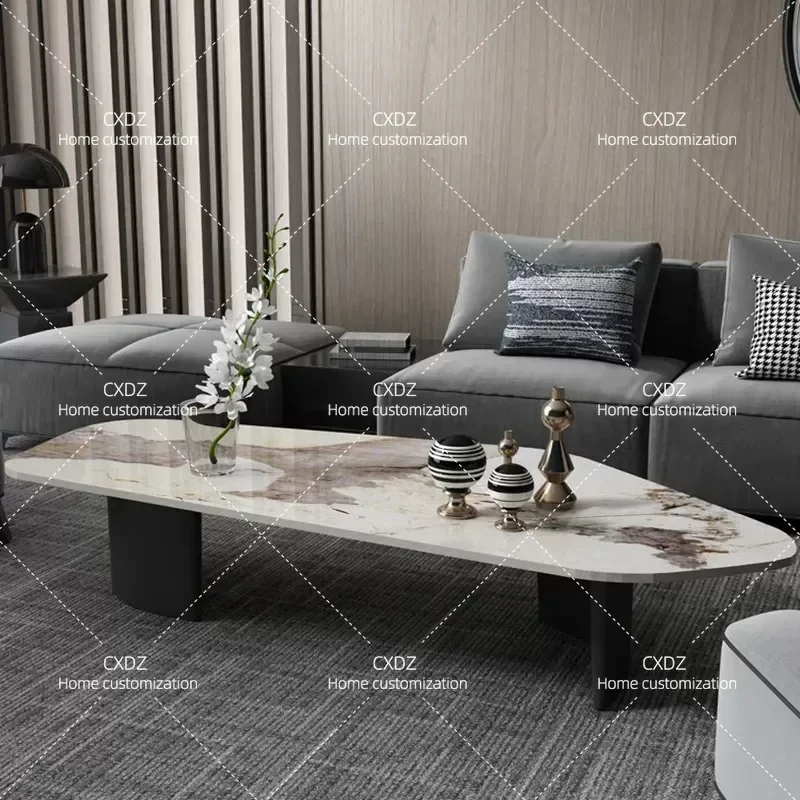Minimalist Special Shaped Marble Coffee Table Modern Simple Rectangular Tea Table Metal Paint Edge Side Table for Living Room