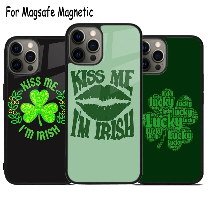 Kiss Me Shamrock Clover Wireless Charge Magsafe Phone Case For iPhone 15 16 14 13 11 12 Pro Max Plus Magnetic Bumper Cover